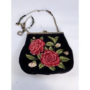 Vintage Christine Custom Bags Detroit Black Needlepoint Floral Rose Evening Bag